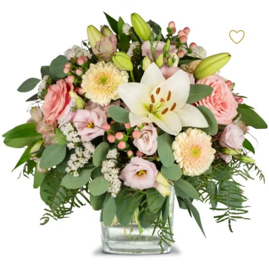 Lilien Prinzessin Blumenstrauss mit Lilien, Eustoma, Lisianthus, Rosen, Germini, Alstromeria und Blattwerk. Lilien Prinzessin Blumenstrauss mit Lilien, Eustoma, Lisianthus, Rosen, Germini, Alstromeria und Blattwerk.