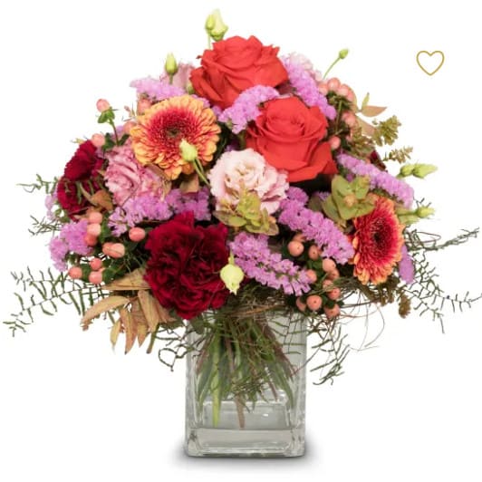 Colorful Wishes ein frecher Strauss mit Rosen, Germini, Eustoma, Statize, Hypericum und feinen Grün Colorful Wishes ein frecher Strauss mit Rosen, Germini, Eustoma, Statize, Hypericum und feinen Grün