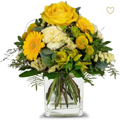 Sunny Vibes ein Strauss in sonnigem gelb mit Rosen, Germini, Alstromeria, Statize, Santini, Eukalyptus