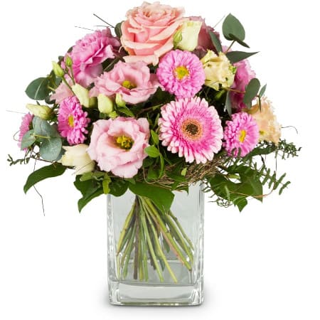 Kleine Prinzessin feiner Strauss in rosa mit Rosen, Eustoma, Germini und feines Grün Blumen Ackermann im Blumen Pavillon Hauptbahnhof Bern und direkt online zu Ihnen nach Hause