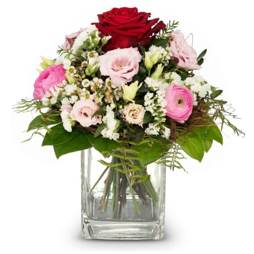Strauss mit Rosen, Ranunkeln, Eustoma, Statize, Grün Blumen Ackermann im Blumen Pavillon Hauptbahnhof Bern und direkt online zu Ihnen nach Hause