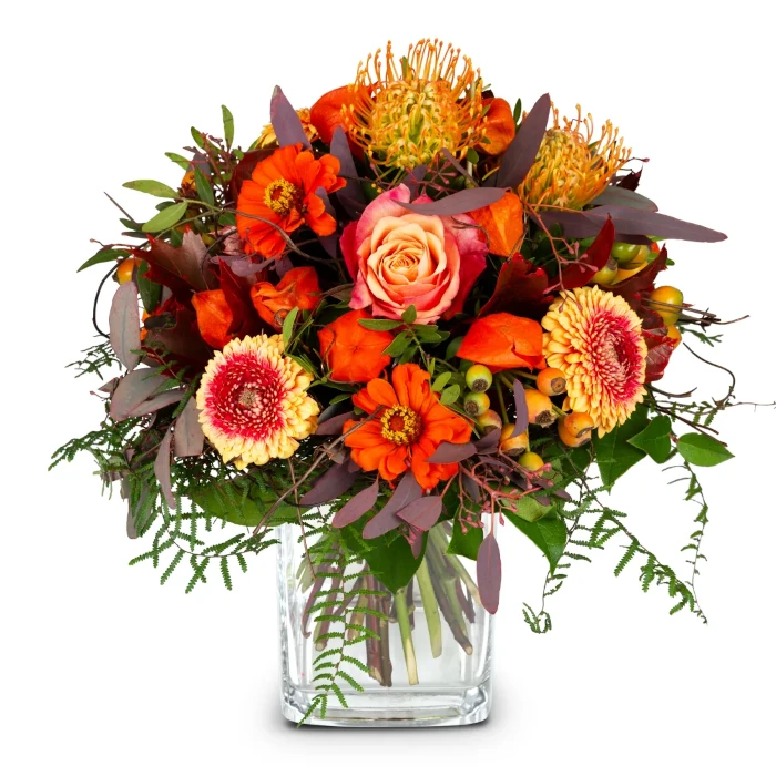 Benötigen Sie einen Herbstlichen Strauss, dann ist dieser genau der Richtige. Im Strauss sind Germini, Sünneli, Physalis, Hagebutten und Rosen.