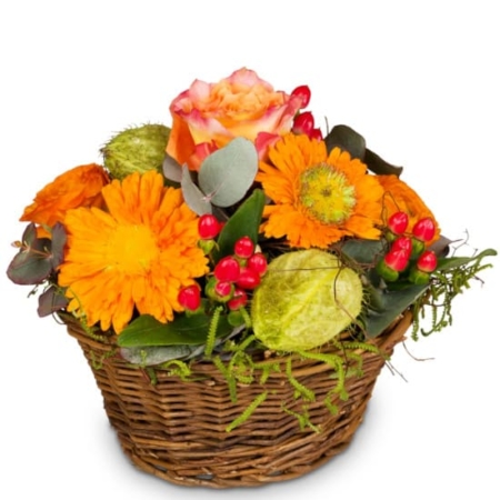 Korb mit Frühlingsblumen, Rosen, Hypericum