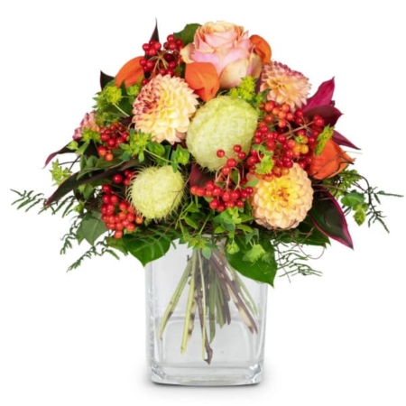 Little Indian Summer Blumenstrauss mit Herbststrauss mit Rosen, Germini, Beeren, Laub