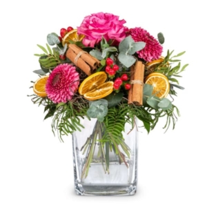 Haypp day ein Duft Strauss mit Rosen, Germini, Hypericum, Zimt, Orangenscheiben bei Blumen Ackermann Bern online bestellen und am selben Tag liefern lassen in der City Bern.