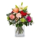 Aktueller Blumenstrauß mit Lilien, Rosen, Nelken, Germini und rotem Sisal-Herz