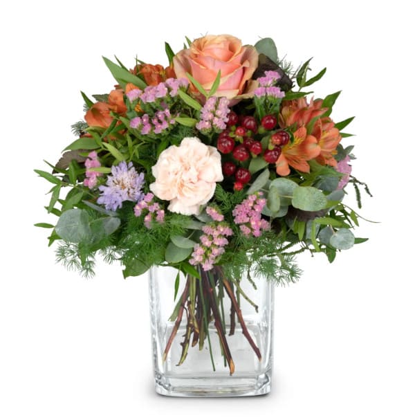 Klein aber Dein: Strauß mit Rosen, Nelken, Alstro, Hypericum und Statice