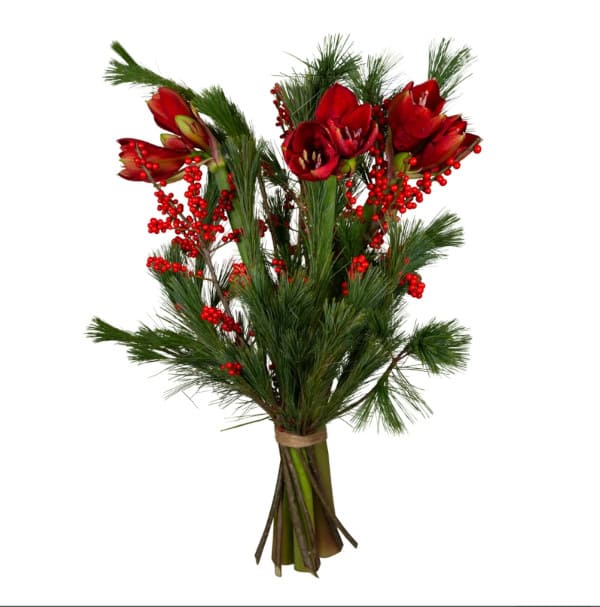 Winterliche-eleganz Blumenstrauß Weihnachtlicher Blumenstrauß (rot/weiß/grün) mit Zimtstangen, Tannenzapfen und goldenen Akzenten – online bestellbar bei Floristen in Bern.