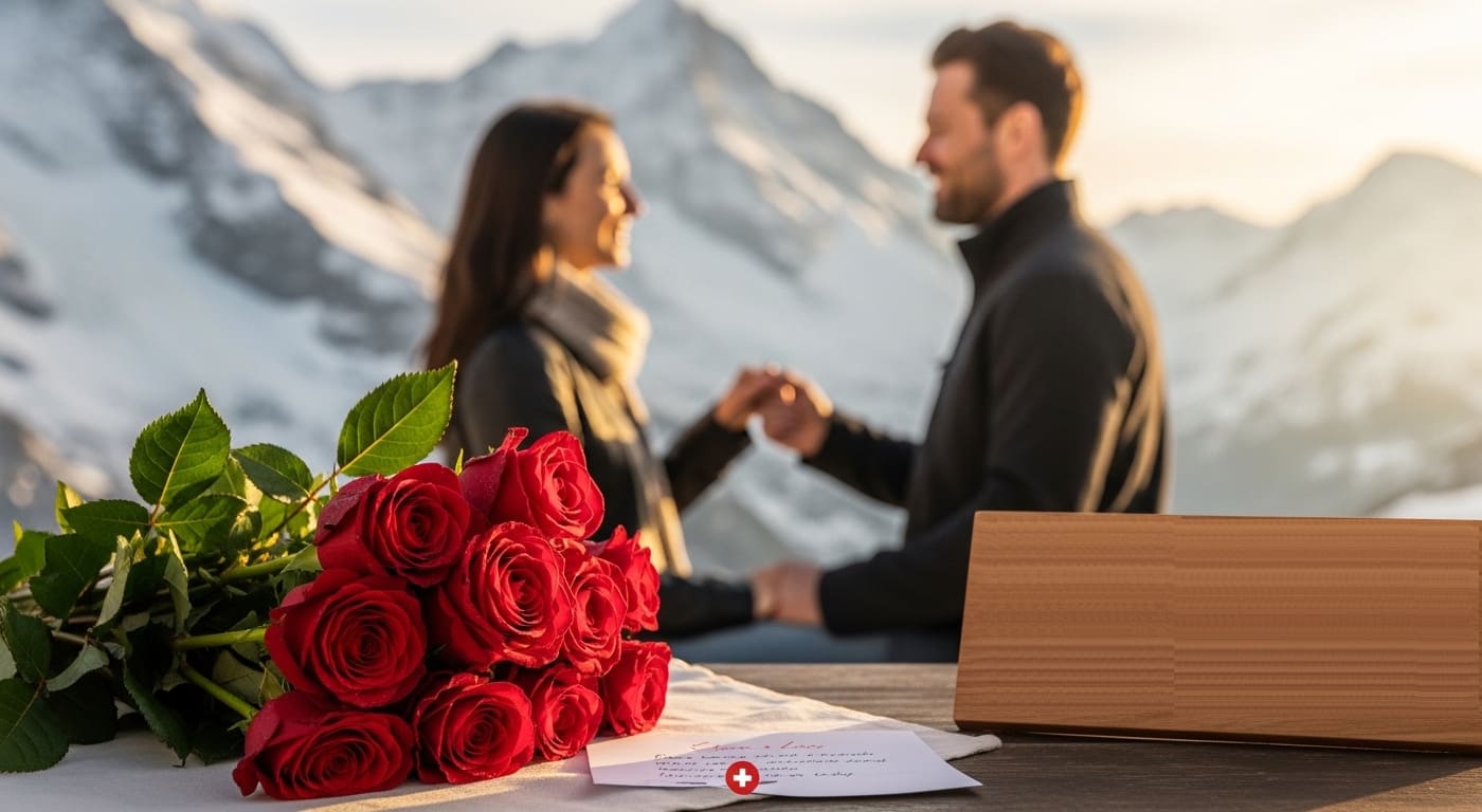 Valentinstags-Blumenstrauß mit roten Rosen und verliebtem Paar vor Schweizer Alpenkulisse – Handgebundene Sträuße für Ihren besonderen Moment, lokal & frisch.