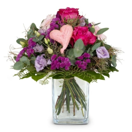 Blumenstrauß mit Rosen, Germini, Eustoma, Statice & Herz – Romantik für besondere Momente